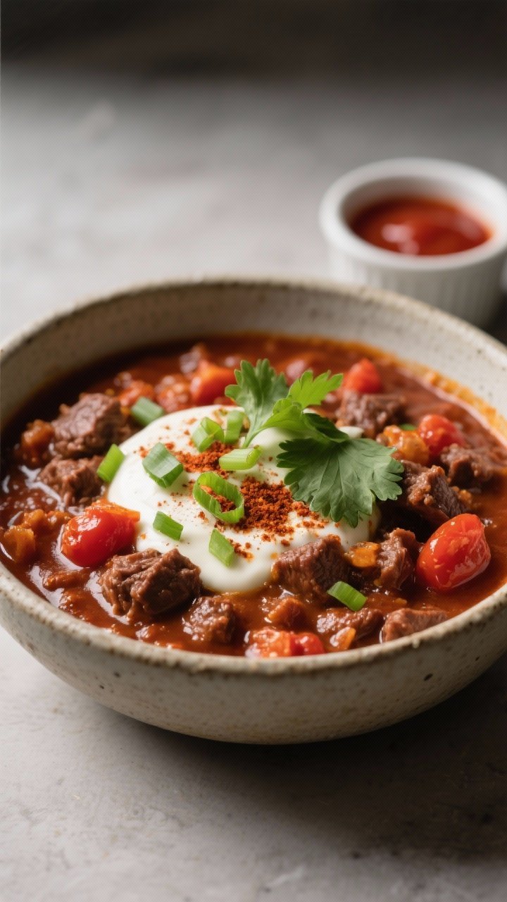 Final plated presentation: Restaurant-quality plating of low-carb chili in a shallow stoneware bowl,