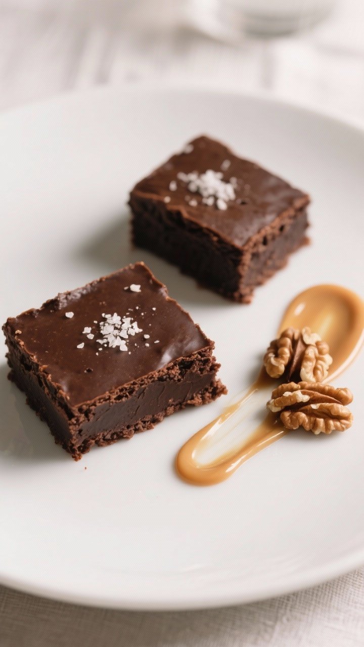 Final plated: Restaurant-quality presentation of two neat brownie squares (chilled for clean edges) 
