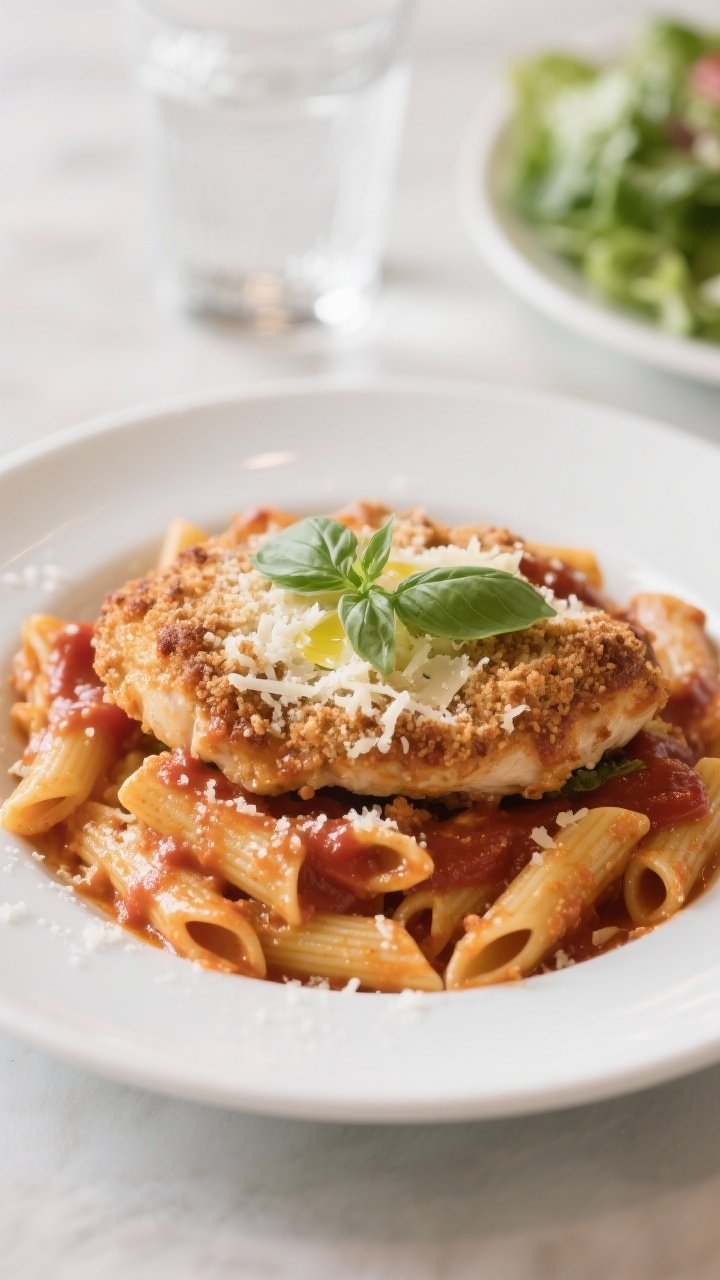 Final plated restaurant-style presentation of Chicken Parmesan Casserole over al dente penne, sauced