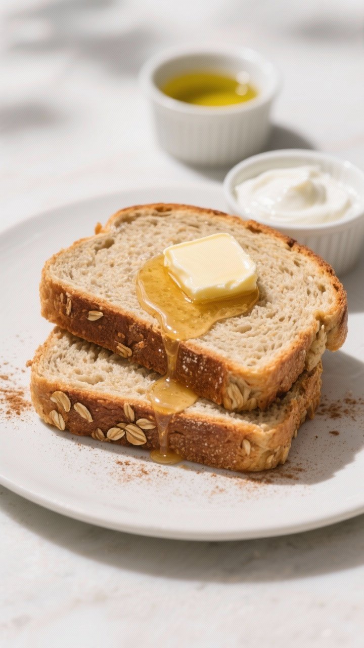 Final plated serving: Two thick slices of oat flour honey bread lightly toasted, topped with a pat o