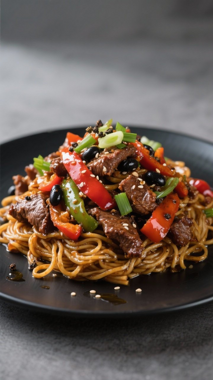 Final plated showpiece: Restaurant-quality presentation of the stir fry piled high on a matte black 