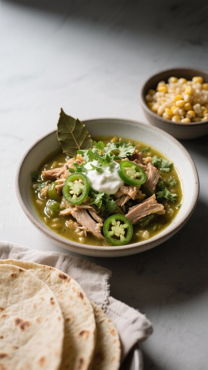 Final plated showstopper: Restaurant-quality presentation of green chili in a shallow wide-rim bowl 