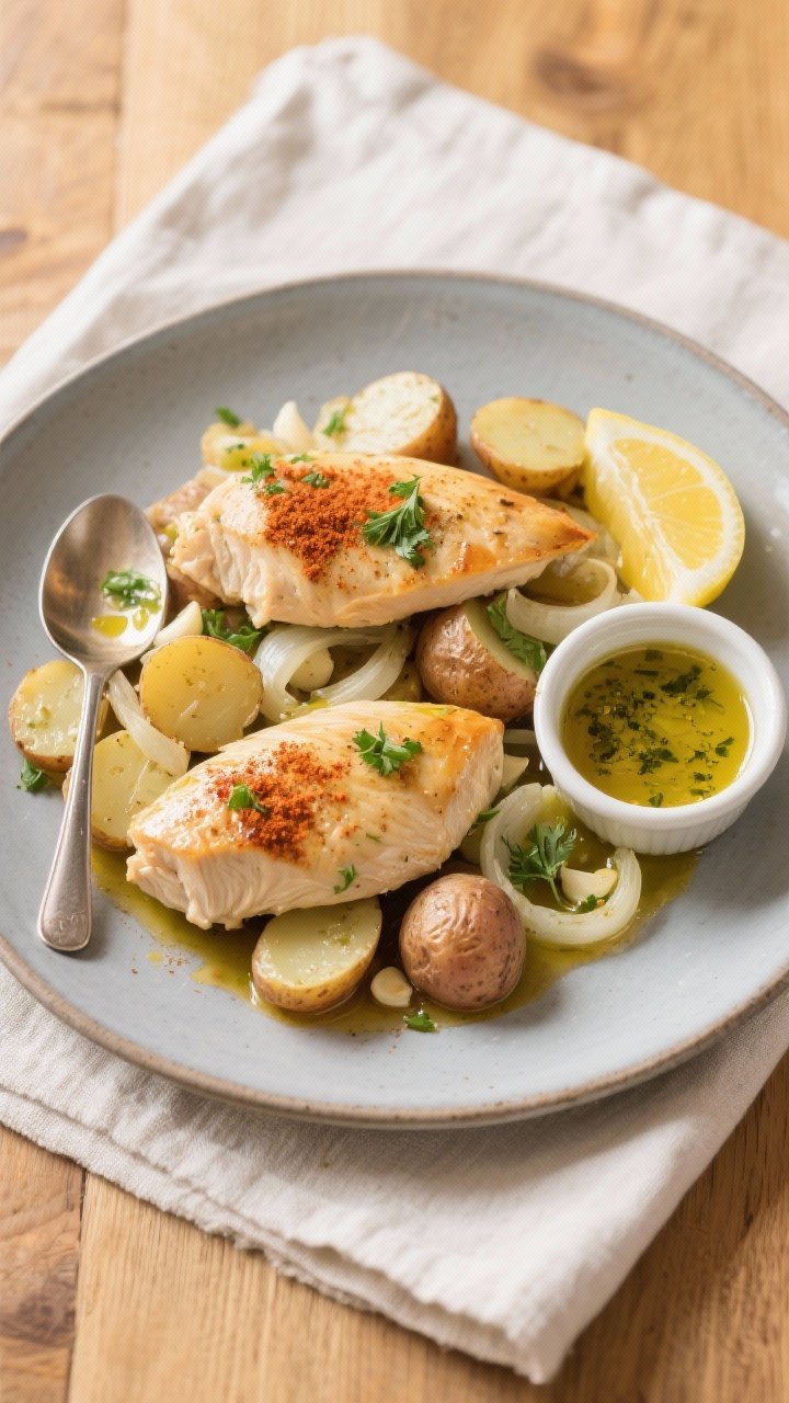Final plated, tasty top view: Overhead restaurant-style presentation of Healthy Crockpot Chicken and