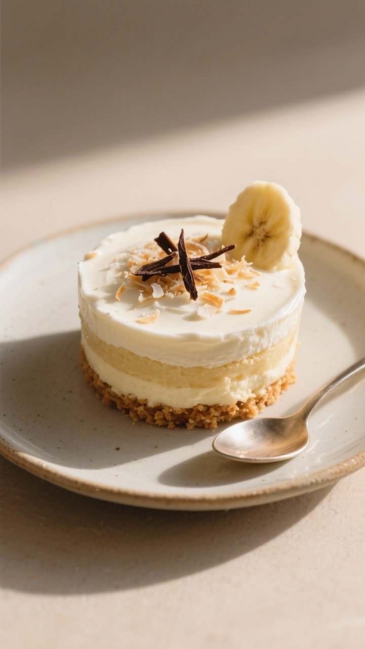 Final presentation beauty shot at a 45-degree angle of a single Banana Cream Pie Cup served on a sma