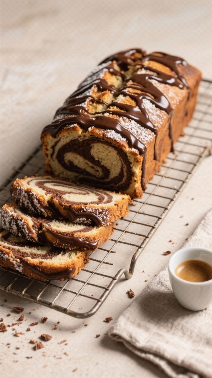 Final presentation shot: Fully cooled and glazed sourdough discard marble cake loaf on a wire rack, 
