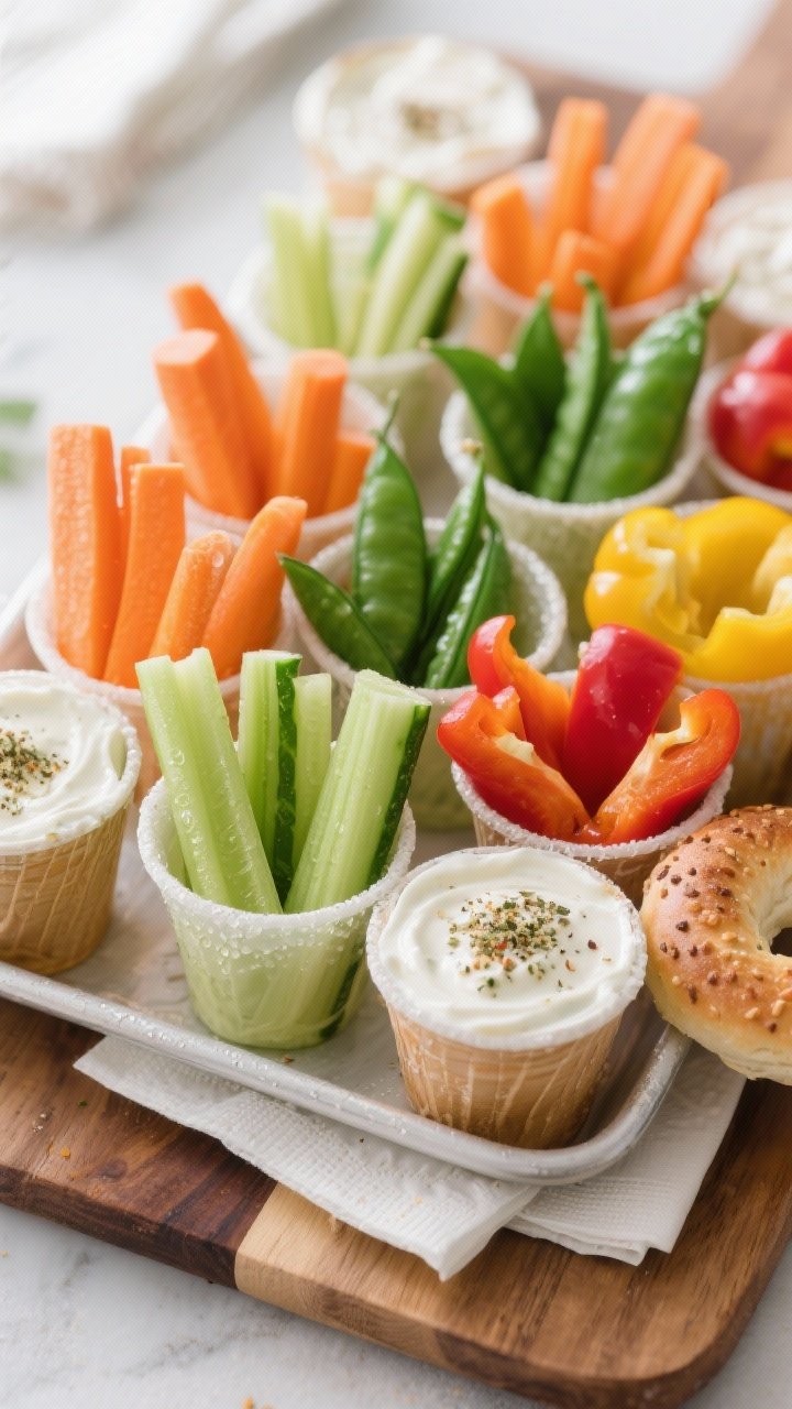Final presentation shot: Party-ready tray of fully assembled Greek yogurt ranch veggie cups, lids of