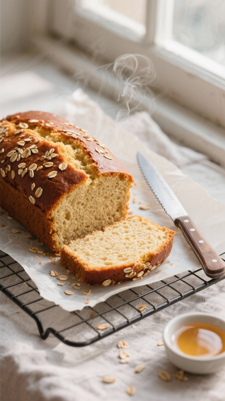 Overhead “just baked” shot: Golden oat flour honey bread fresh from the oven on a wire rack with
