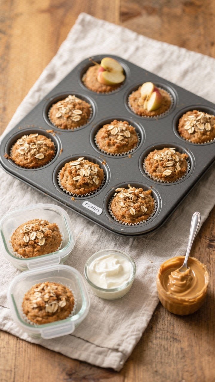 Overhead, meal-prep scene: of a 12-cup muffin tin filled with baked applesauce muffins, each topped 