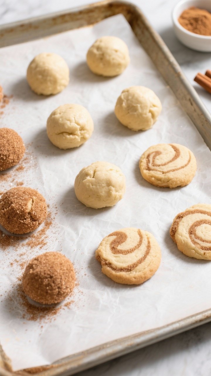 Overhead process shot: Dough balls rolled in cinnamon sugar arranged 2 inches apart on a parchment-l