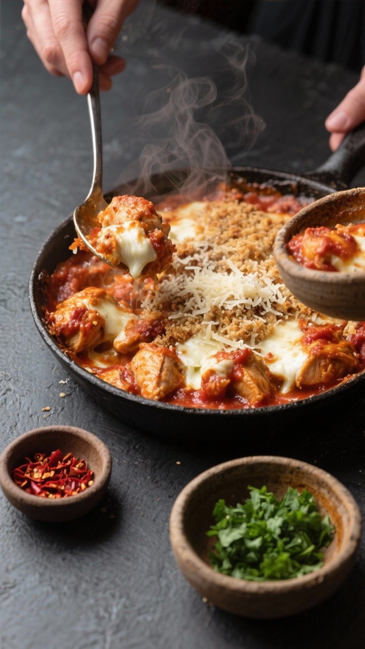 Overhead “serving in progress” process shot of the casserole being spooned into rustic bowls, sh