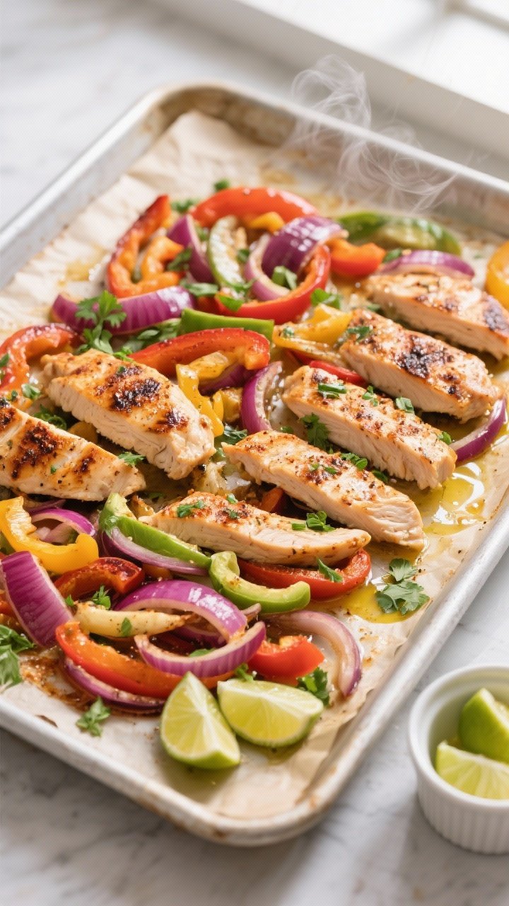 Overhead shot of roasted chicken and veggie sheet-pan fajitas just out of the oven: caramelized, lig