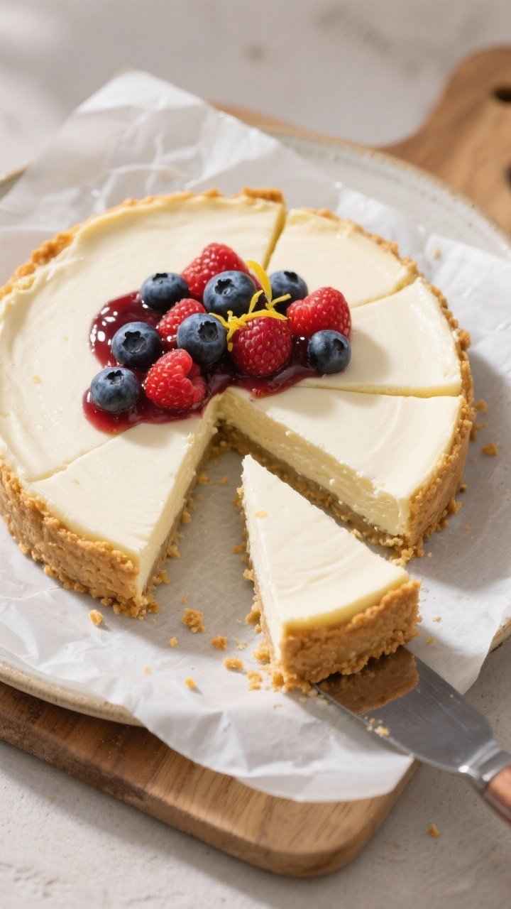 Overhead tasty top view: A fully chilled classic cheesecake on a parchment-lined cake board, sliced
