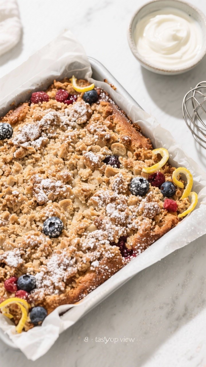 Overhead “tasty top view”: Full 8-inch square coffee cake in parchment-lined pan, freshly baked