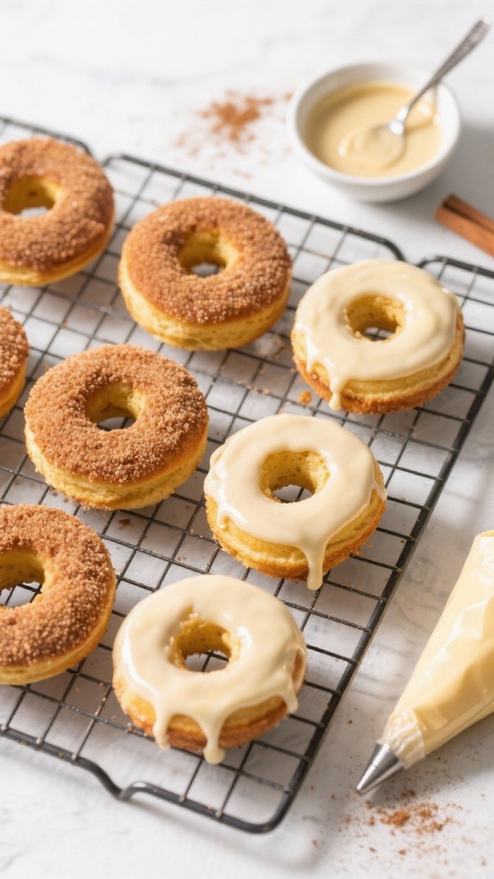 Overhead “tasty top view” of a cooling rack filled with baked banana bread donuts—half coated 