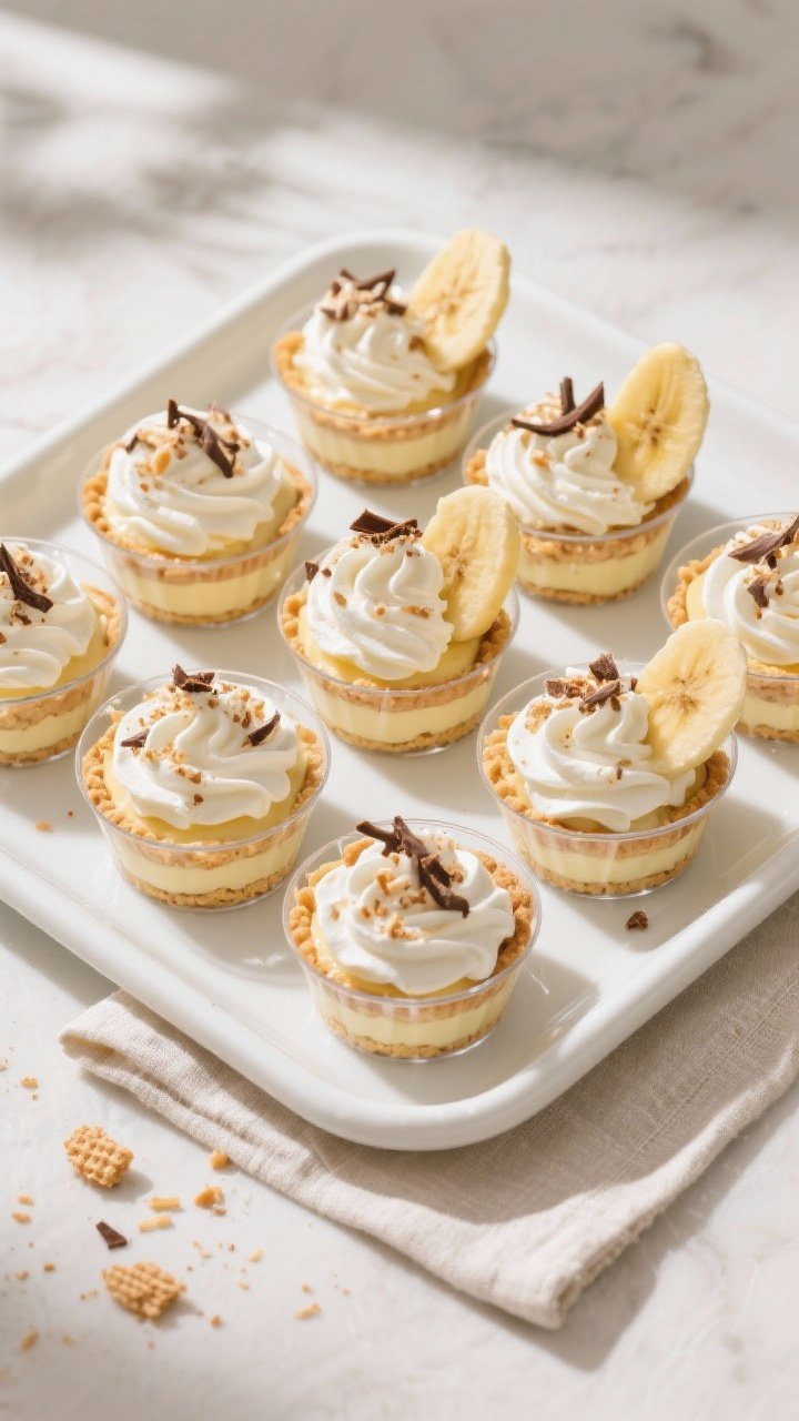 Overhead “tasty top view” of finished Banana Cream Pie Cups arranged in a grid on a white tray: