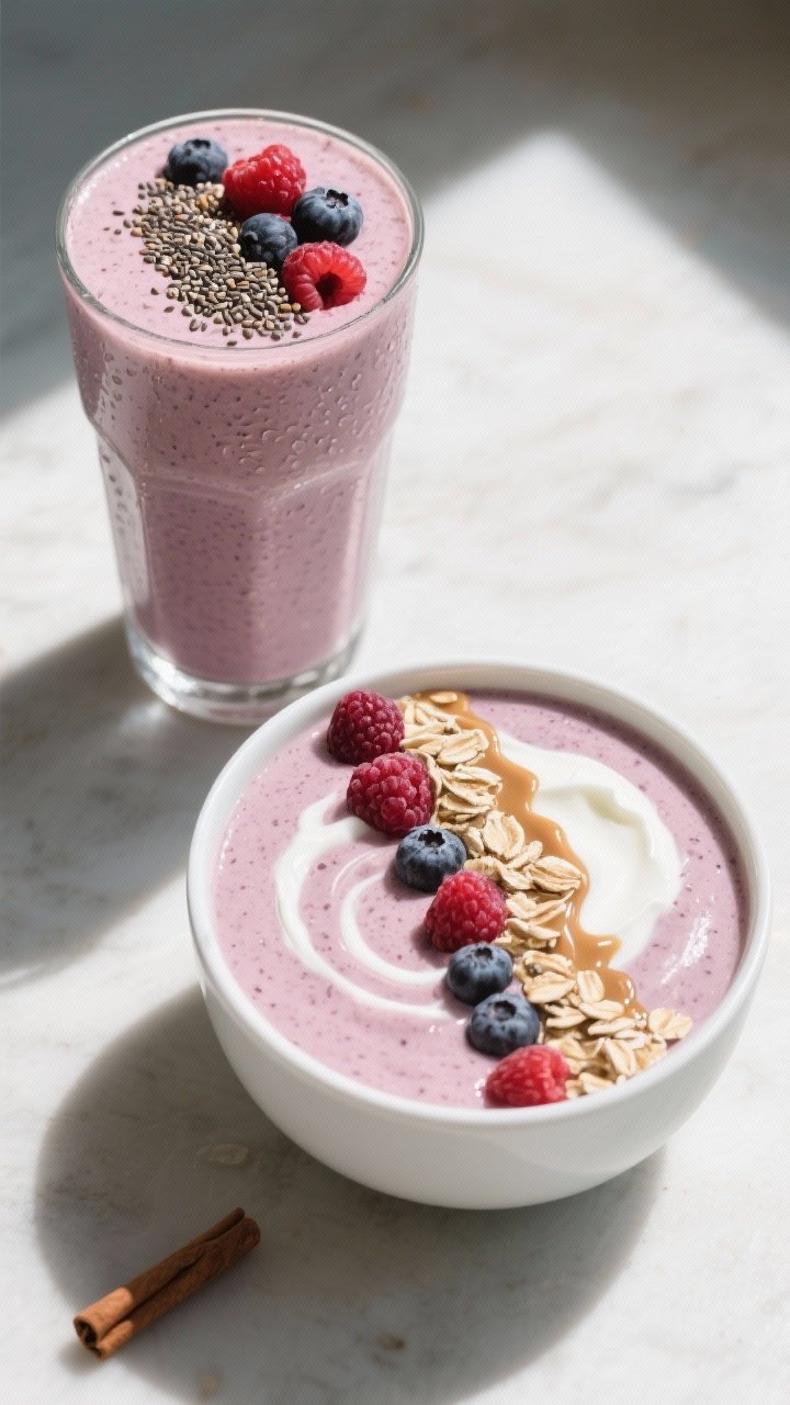 Overhead “tasty top view” of the final shake served two ways: one tall glass with a smoothie-lik