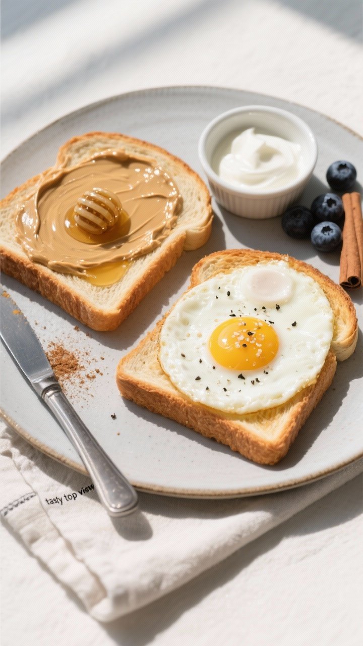 Overhead “tasty top view” of two toasted slices on a matte ceramic plate: one slice topped with 