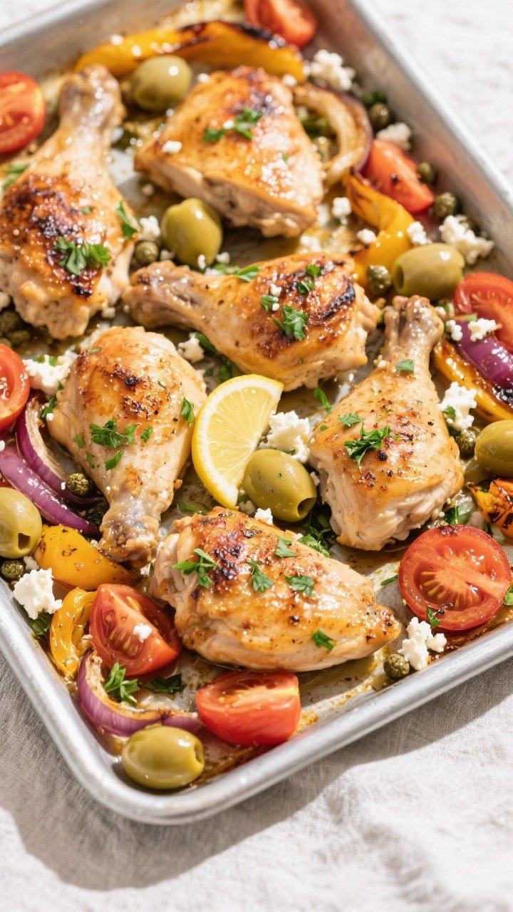 Overhead tasty top view: Sheet-pan Mediterranean chicken just out of the oven at 425°F, chicken pie