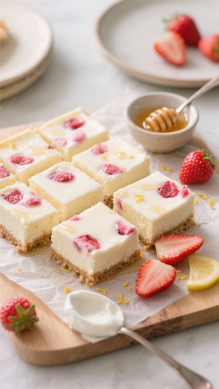 Overhead “tasty top view”: The strawberry yogurt bake sliced into tidy, chilled cheesecake-like 