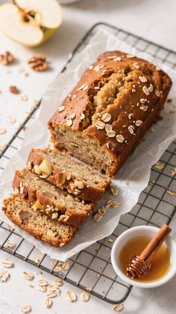 Overhead tasty top view: The whole loaf of applesauce cinnamon quick bread on a cooling rack with a
