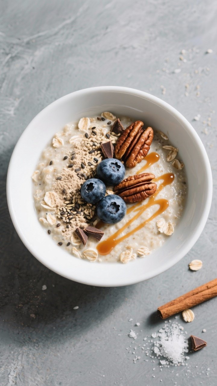 Overhead “tasty top view” with mix-ins: Top-down shot of the finished oat bowl showing even, cre
