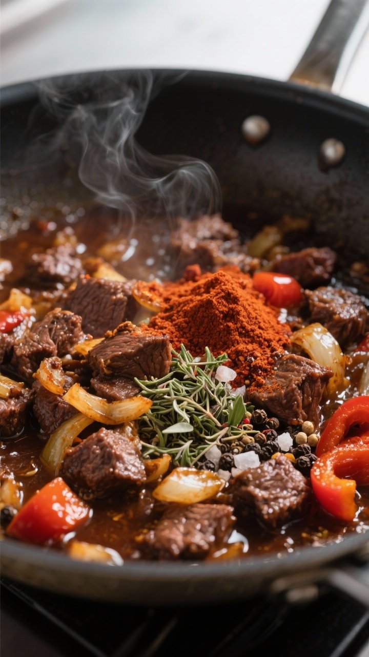 Process-focused close-up of the spice-toasting step in a wide sauté pan: browned beef with crispy c