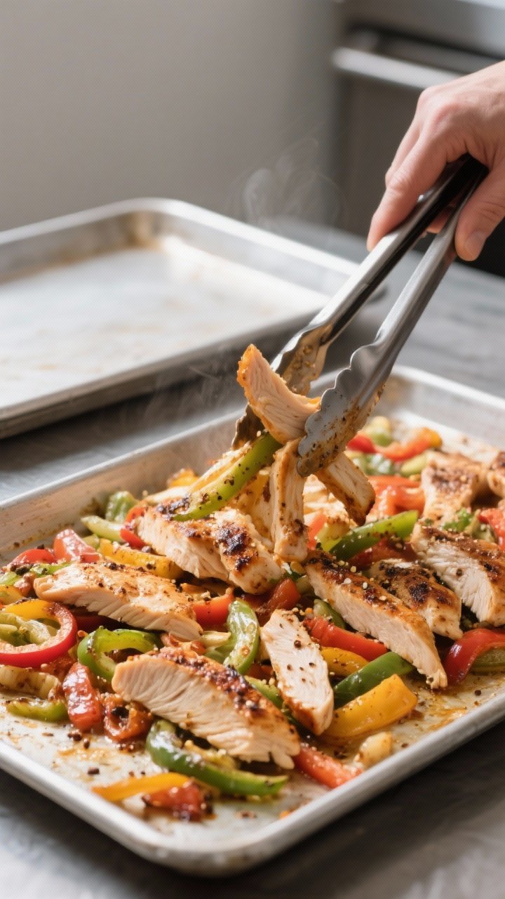 Process shot at the stir halfway point: sheet-pan fajitas mid-roast being tossed with tongs, showing