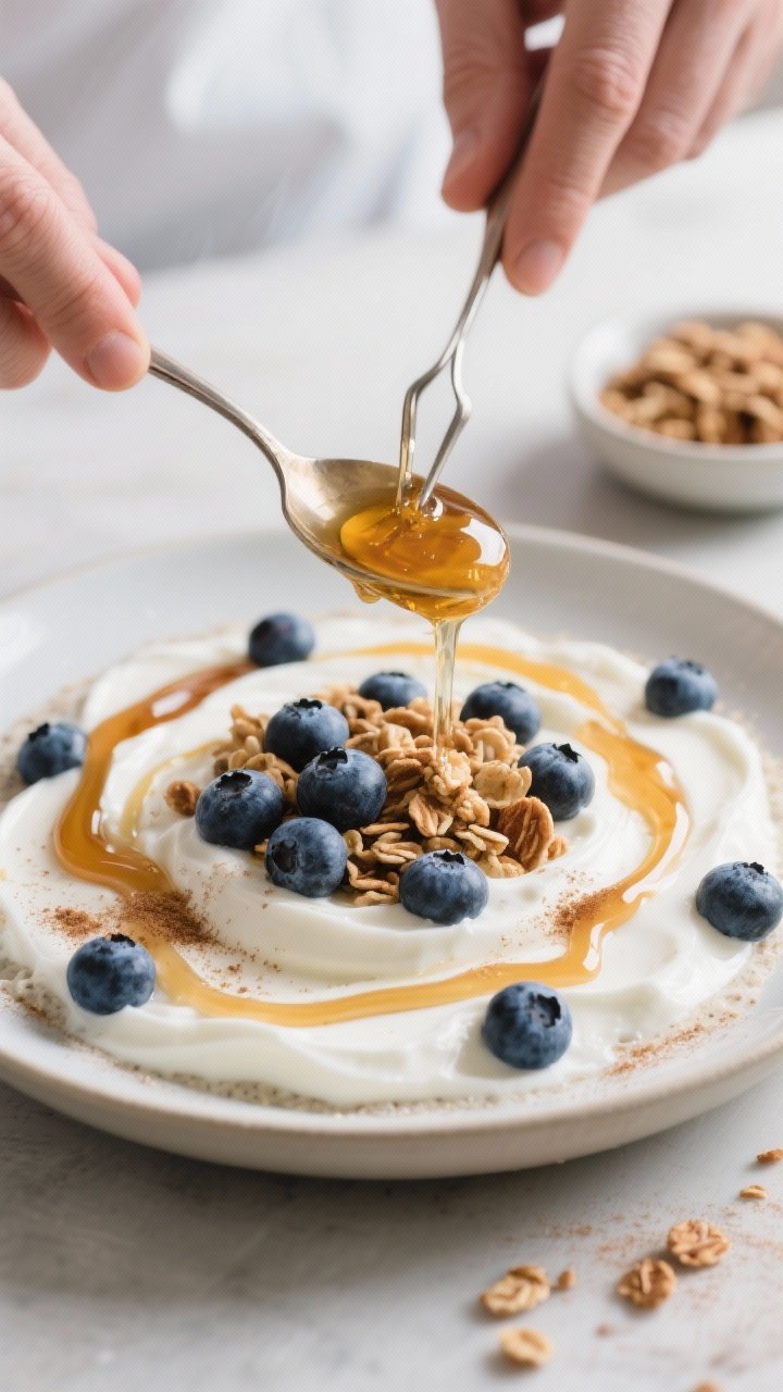 Process shot: The “sweeten lightly” step captured mid-action—honey just drizzled over a skyr-a