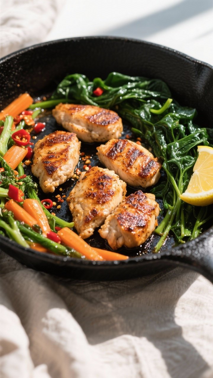 Sear moment, top view: Overhead shot of the same skillet with veggies pushed to the sides and spiced