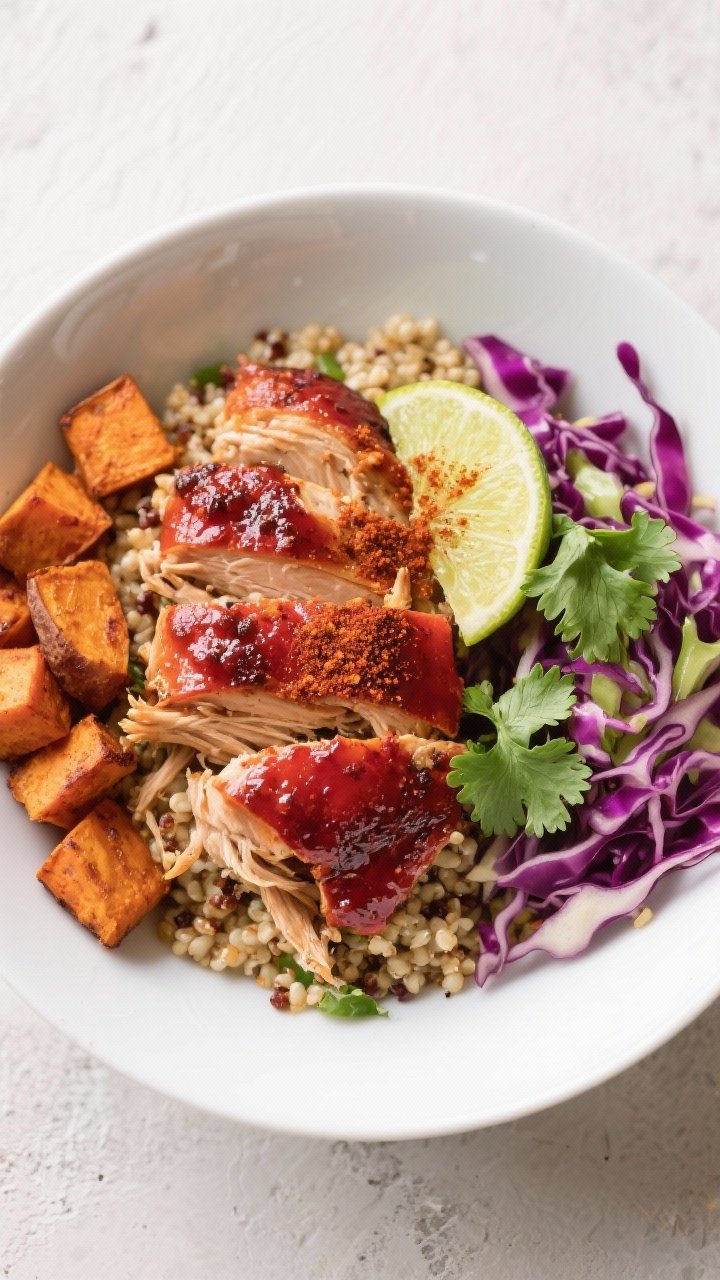 Tasty top-down bowl meal: Overhead shot of a balanced bowl—pulled chicken over warm quinoa, with r