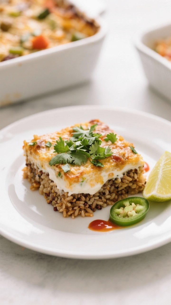 Tasty top-down final plating: a square of the high-protein Mexican veggie rice bake served on a wide