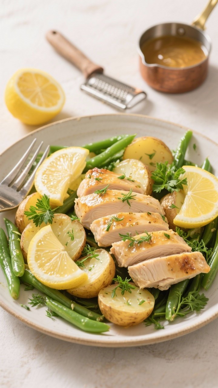 Tasty top-down spread: Overhead shot of the complete spring-ready meal—sliced, fork-tender chicken