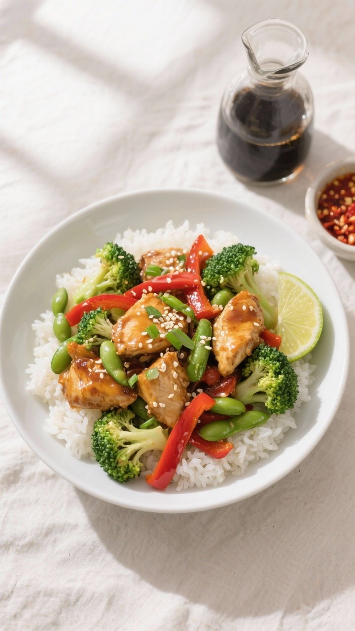 Tasty top view — complete stir fry over rice: Overhead shot of Garlic Ginger Chicken & Broccoli St