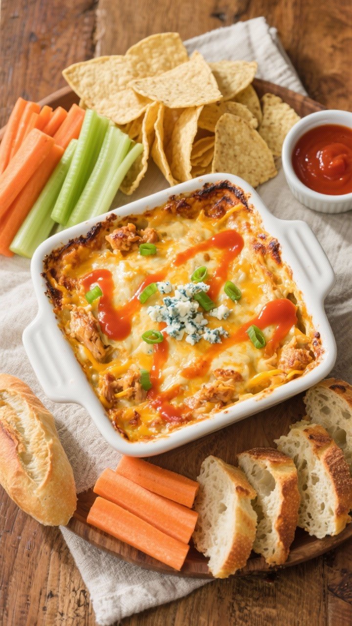 Tasty top view, crowd-pleasing spread: Overhead shot of the baked Buffalo chicken dip in an 8x8 cera