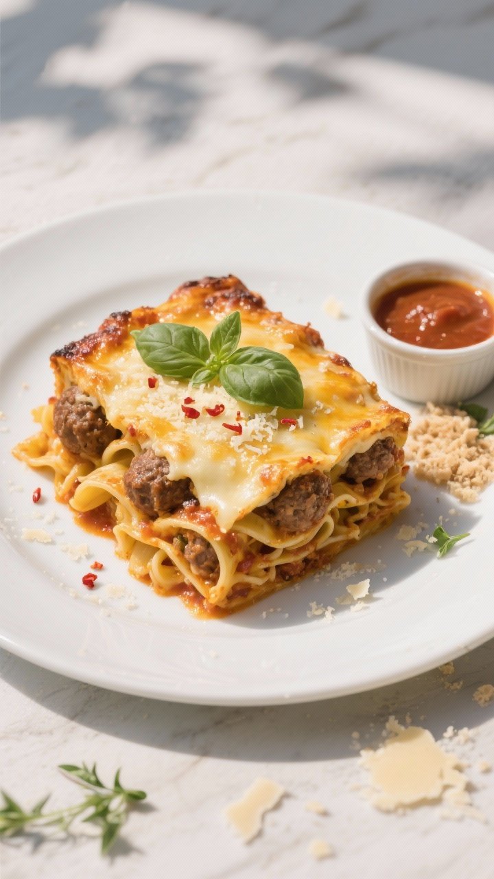Tasty top view final dish: Overhead shot of a neatly sliced portion of Cheesy Meatball Pasta Bake pl