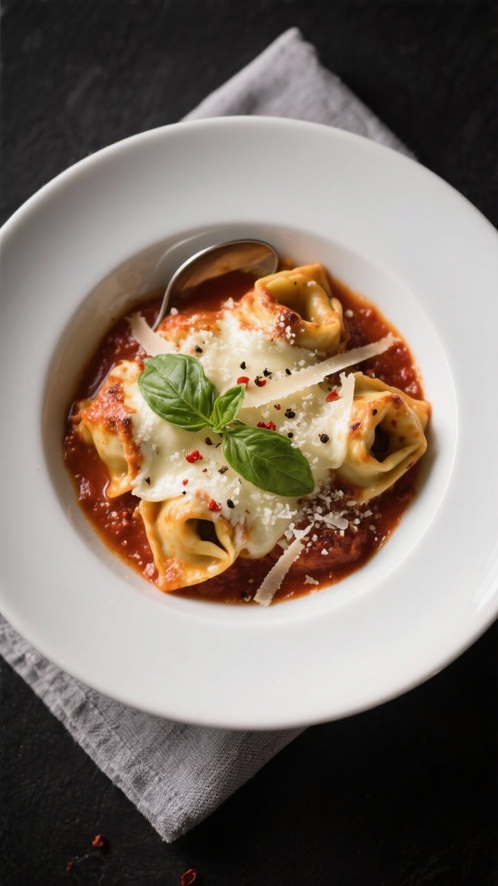 Tasty top view final plate: Overhead shot of a single serving of baked tortellini plated in a low, w