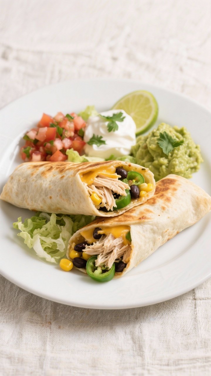 Tasty top view (final plated): Overhead shot of a plate with two sliced-open chicken chimichangas re