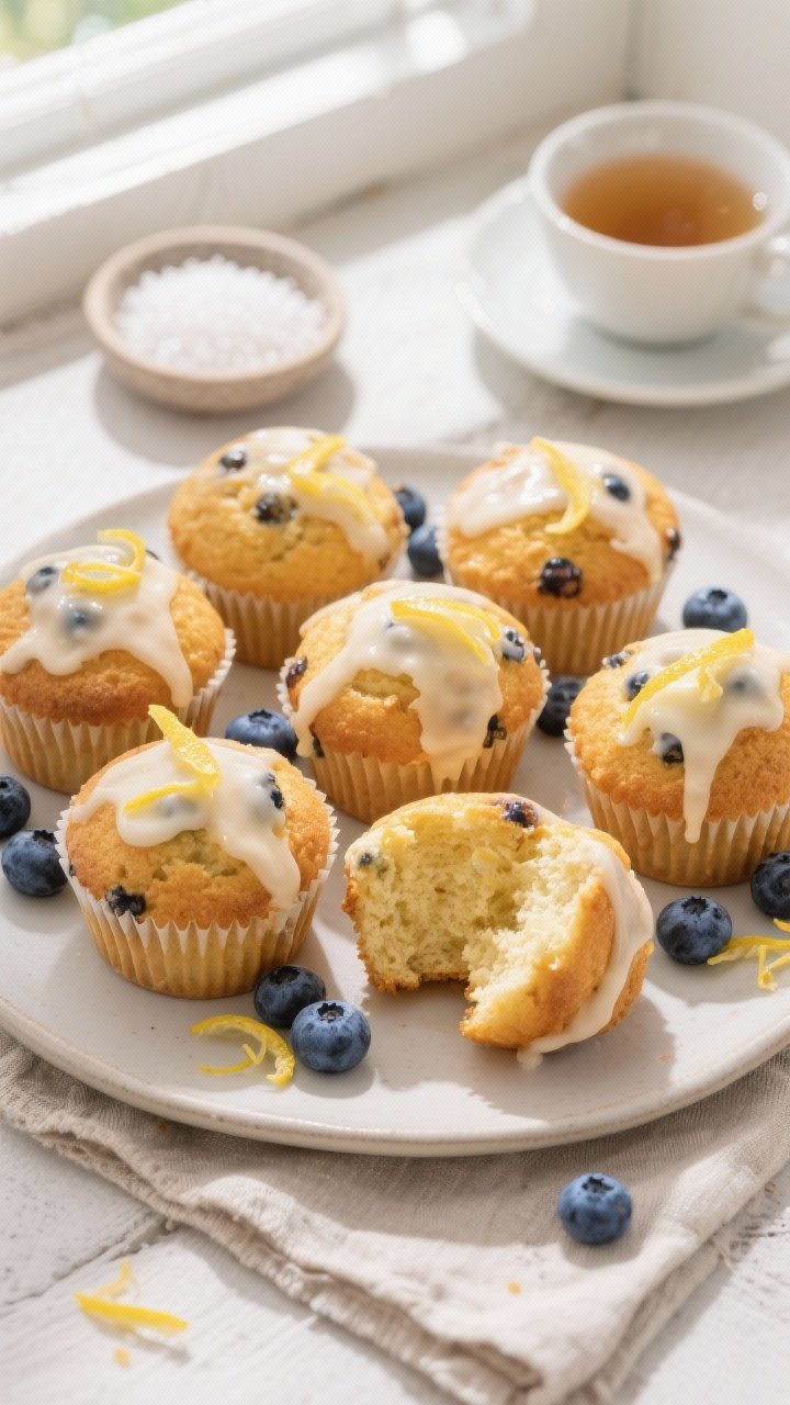 Tasty top-view final presentation: overhead shot of a platter of golden blueberry yogurt muffins wit