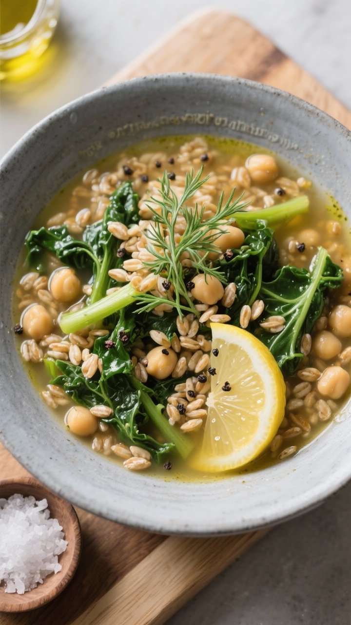 Tasty top view, hearty variation: Overhead shot of the soup featuring the “hearty grain” version