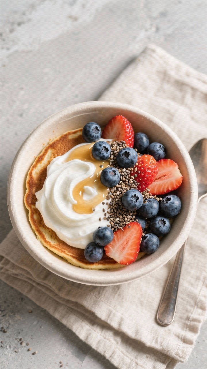 Tasty top view, overhead: Fully assembled protein pancake bowl topped with a thick swirl of plain Gr