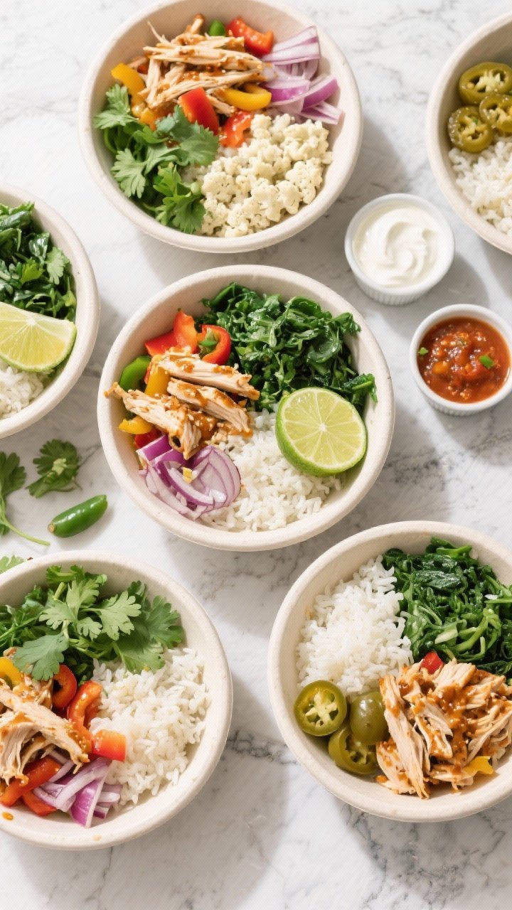 Tasty top view, overhead meal-prep spread: Overhead shot of multiple build-your-own bowls: one with 