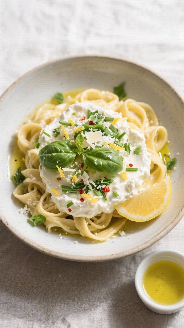 Tasty top view, overhead: Overhead shot of a wide, shallow bowl filled with creamy ricotta pasta, sa