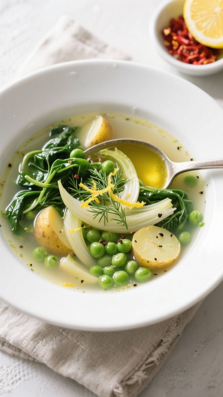 Tasty top view, overhead: Overhead shot of the finished one-pot spring vegetable soup ladled into a 