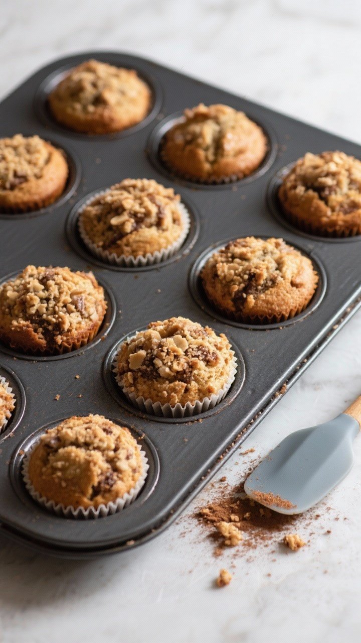 Tasty top view: Overhead shot of a 12-cup muffin pan just out of the oven, each cup holding a domed