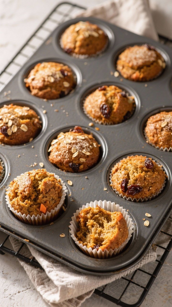 Tasty top view: Overhead shot of a 12-cup muffin tin just out of the oven—domed, golden-brown carr