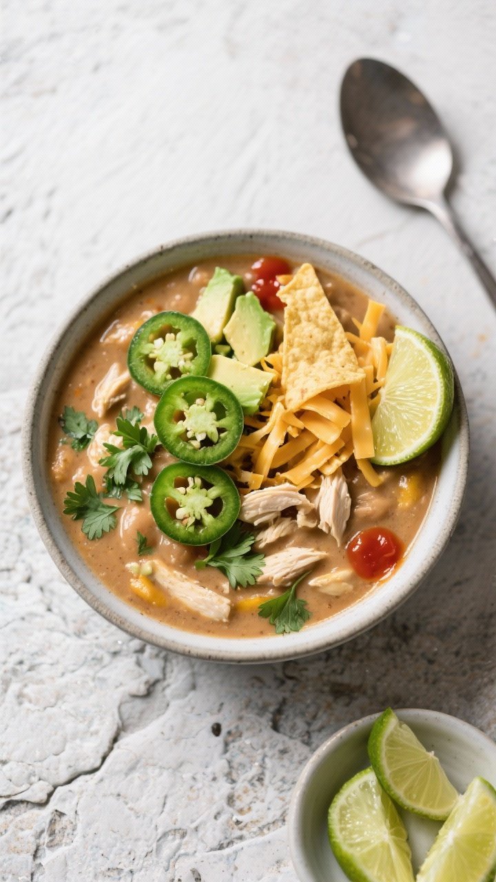 Tasty top view: Overhead shot of a bowl of finished white chicken chili, thickened and glossy, toppe