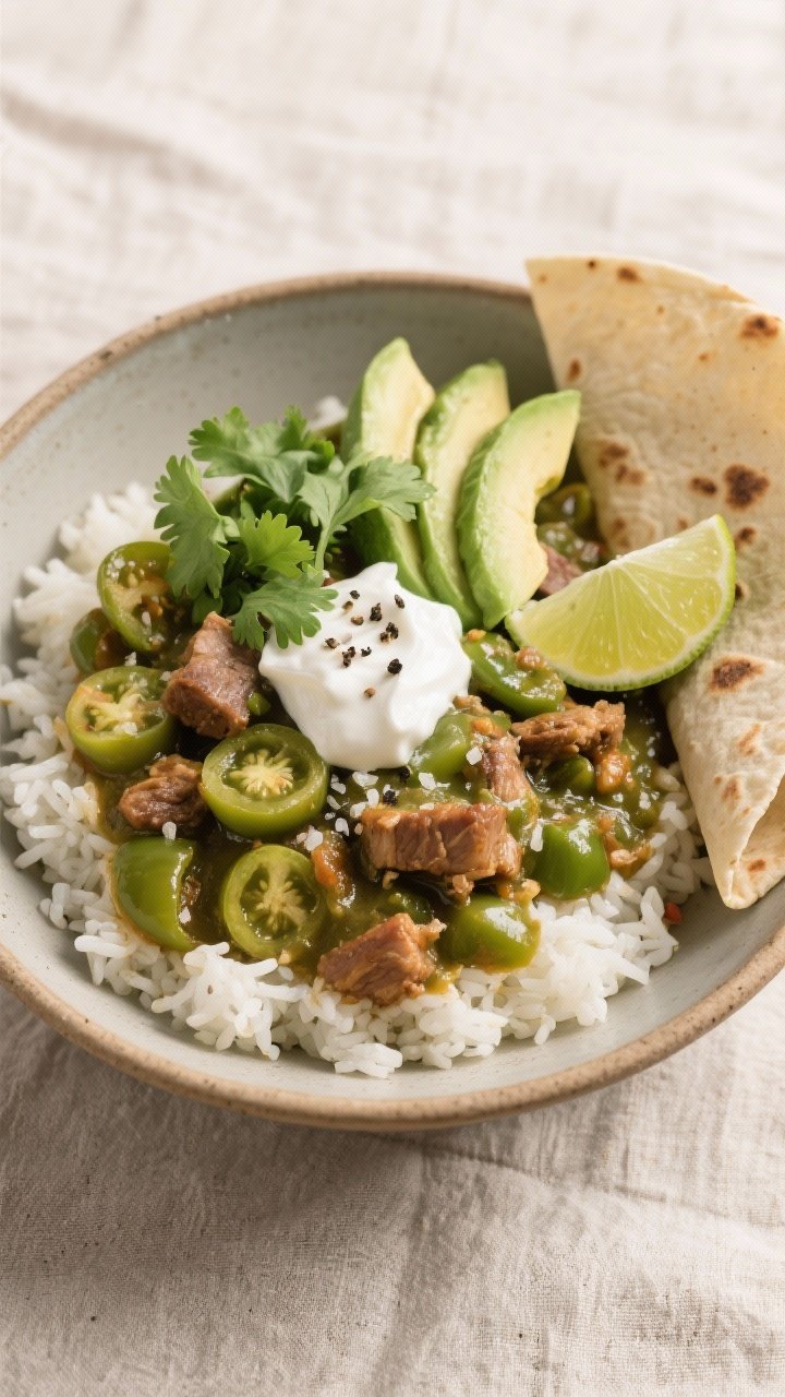 Tasty top view: Overhead shot of a finished bowl of green chili served over fluffy white rice, the s