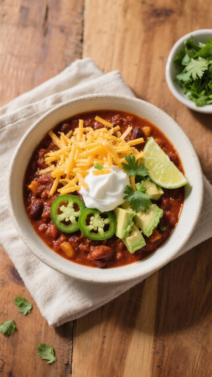Tasty top view: Overhead shot of a finished bowl of low-carb chili, deeply red-brown and hearty, top