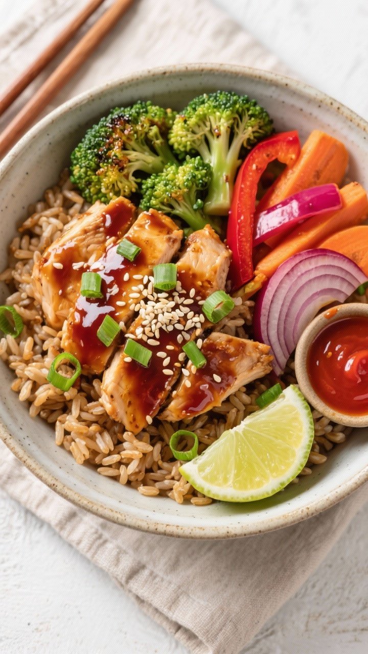 Tasty top view: Overhead shot of a Healthy Teriyaki Chicken Rice Bowl assembled for serving—fluffy