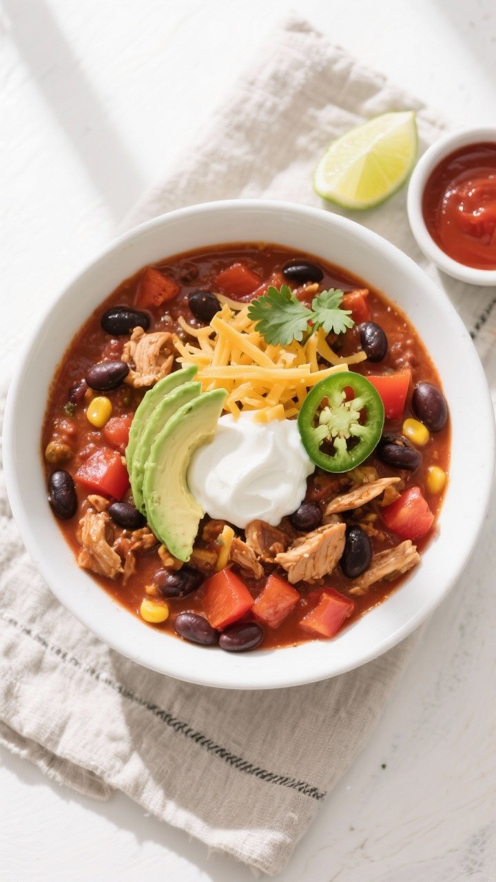 Tasty top view: Overhead shot of a hearty bowl of High-Fiber Crockpot Black Bean & Chicken Chili, ri